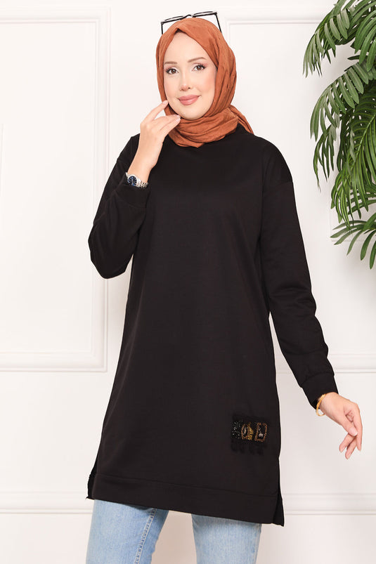 Stone Embroidered Pompom Hijab Tunic Black