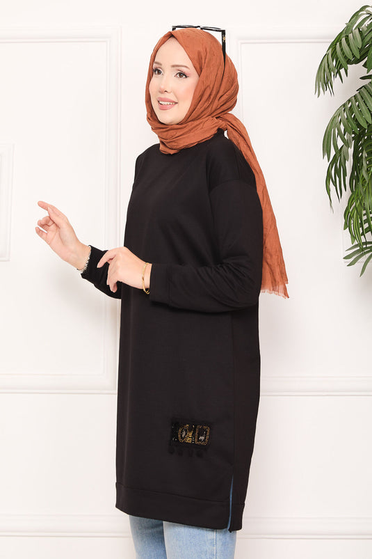 Stone Embroidered Pompom Hijab Tunic Black