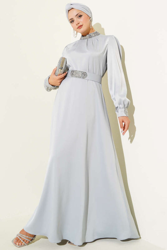 Stone Embroidered Satin Evening Dress Gray