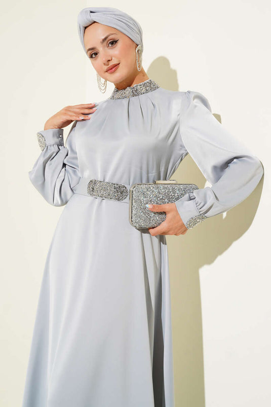 Stone Embroidered Satin Evening Dress Gray