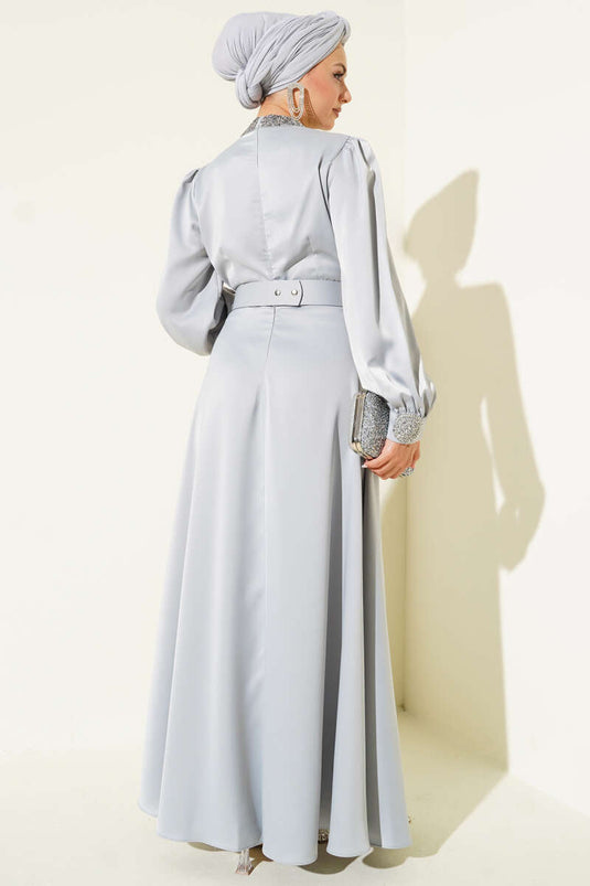 Stone Embroidered Satin Evening Dress Gray