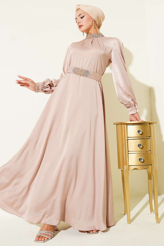 Stone Embroidered Satin Evening Dress Latte