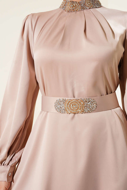 Stone Embroidered Satin Evening Dress Latte