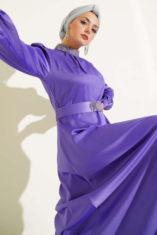 Stone Embroidered Satin Evening Dress Lilac