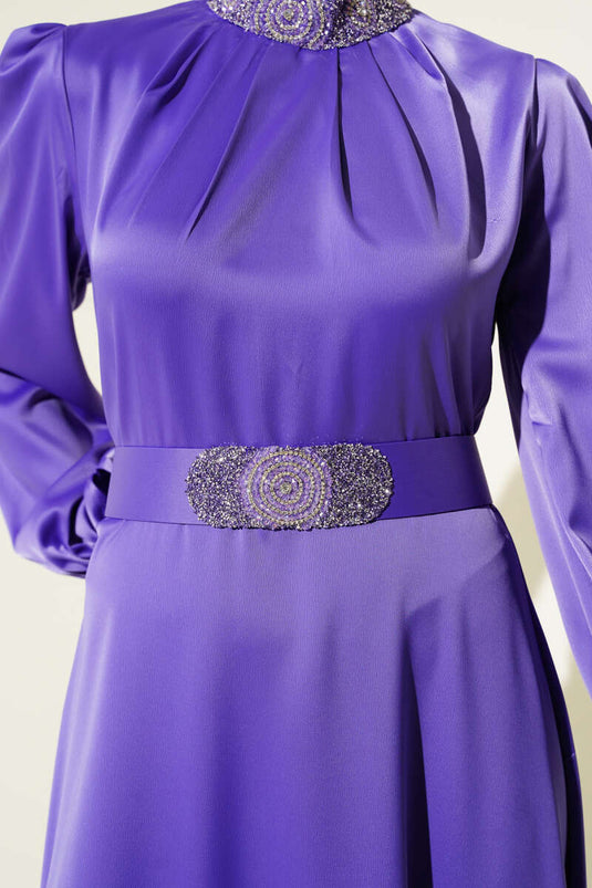 Stone Embroidered Satin Evening Dress Lilac