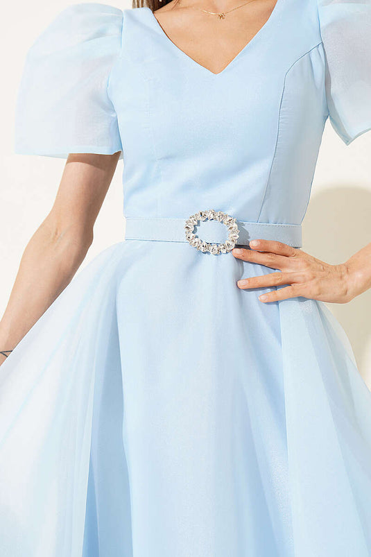 Abito da cerimonia principessa con cintura in pietra azzurro bebè