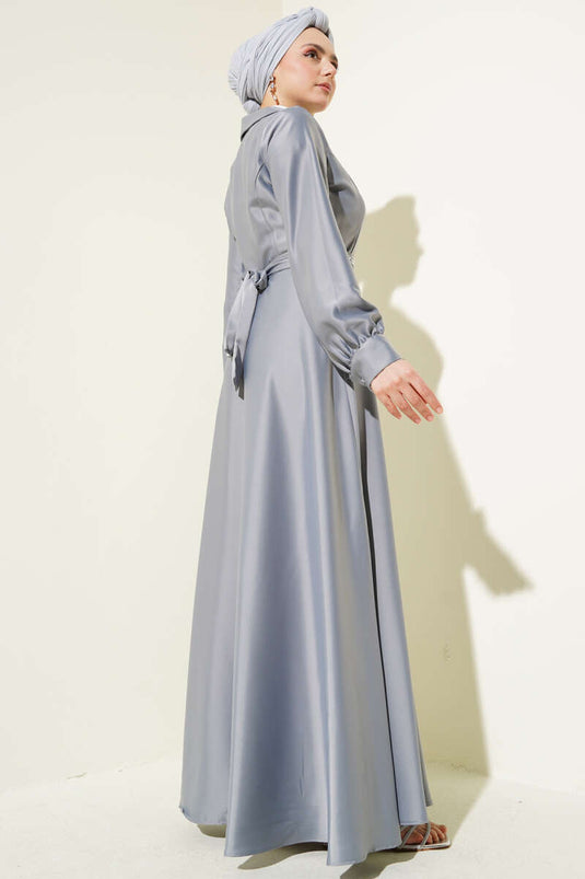 Stone Belted Double Breasted Satin Dress Gray