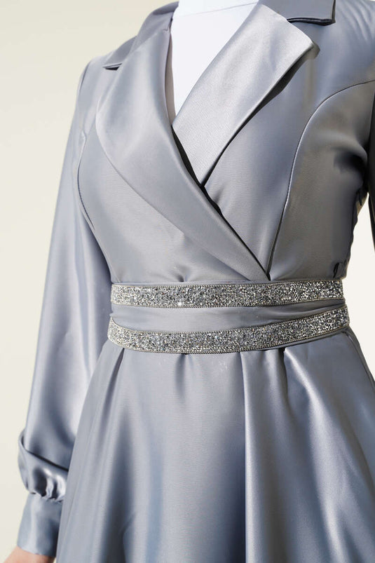 Stone Belted Double Breasted Satin Dress Gray