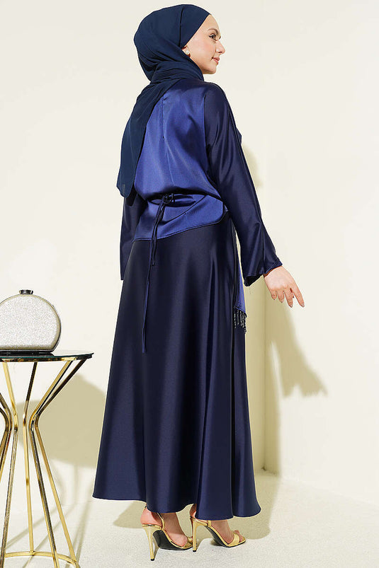 Ensemble jupe en satin à franges en pierre bleu marine