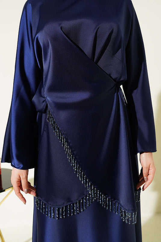 Ensemble jupe en satin à franges en pierre bleu marine