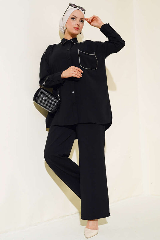 Costume Double Détaillé À Rayures Stone Noir