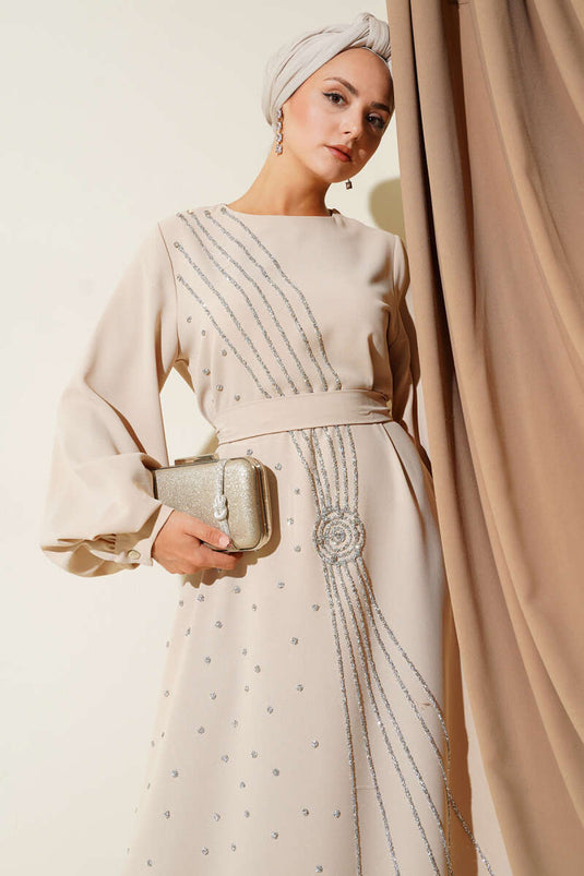 Stone Stripe Transitional Belted Evening Dress Beige