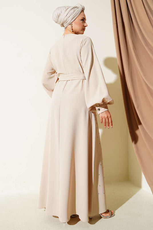 Stone Stripe Transitional Belted Evening Dress Beige