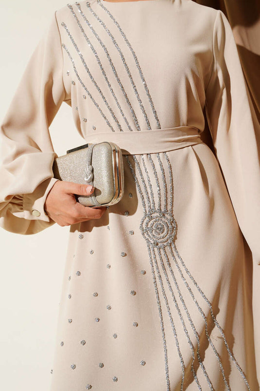 Stone Stripe Transitional Belted Evening Dress Beige