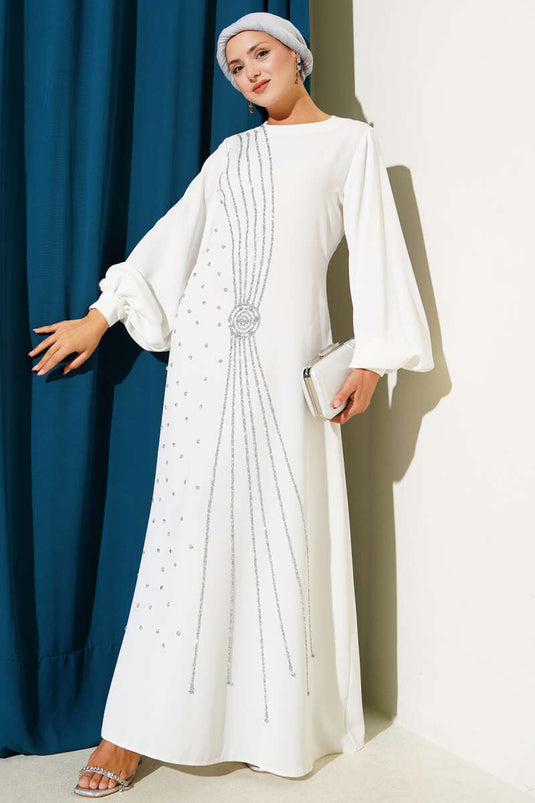 Stone Stripe Transitional Belted Evening Dress White