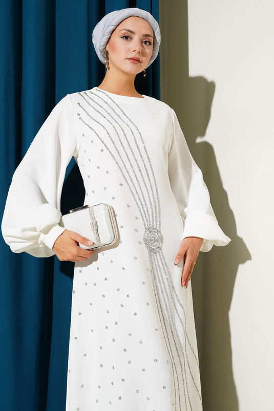 Stone Stripe Transitional Belted Evening Dress White