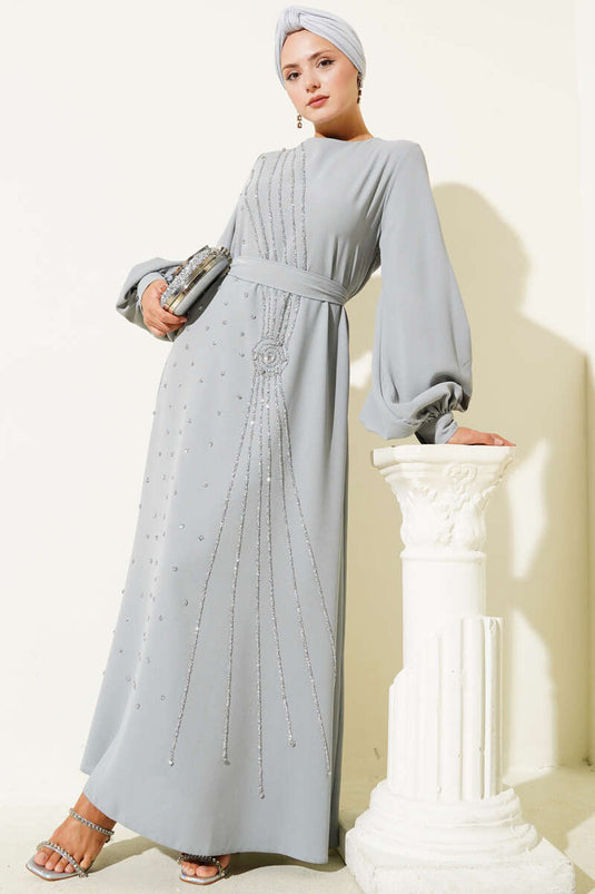 Gray Belted Evening Dress with Stone Trim