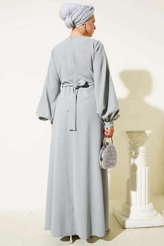Gray Belted Evening Dress with Stone Trim