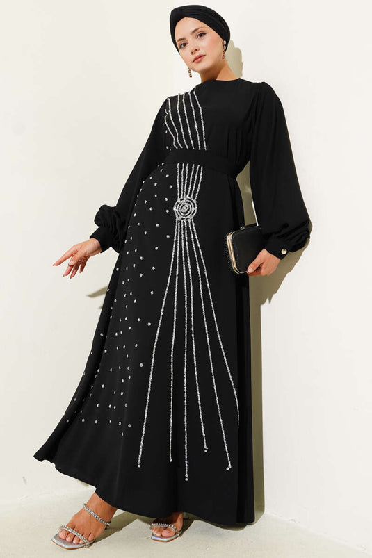 Taş Şerit Geçişli Kuşaklı Abiye Elbise Siyah