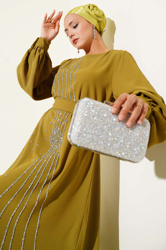 Stone Stripe Belted Evening Dress Oil Green