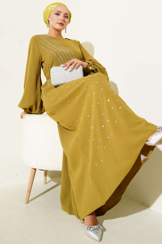 Stone Stripe Belted Evening Dress Oil Green