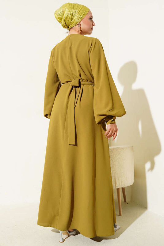 Stone Stripe Belted Evening Dress Oil Green