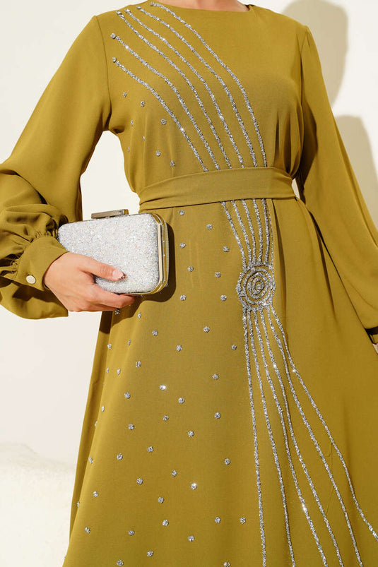 Stone Stripe Belted Evening Dress Oil Green