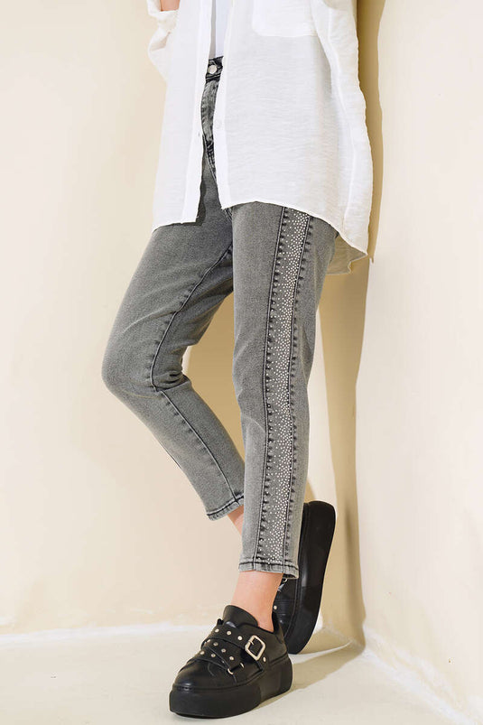 بنطال بأرجل نحيفة مخطط حجريًا باللون الرمادي