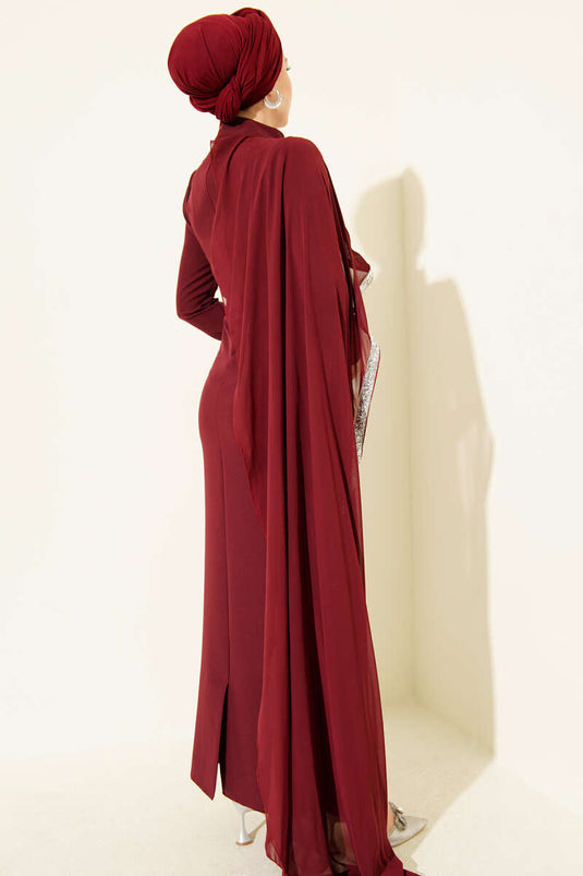 Taş Şeritli Tül Pelerinli Abiye Elbise Bordo