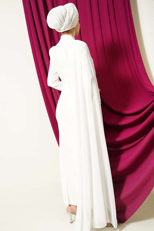 Ivory Evening Dress with Stone-Striped Tulle Cape