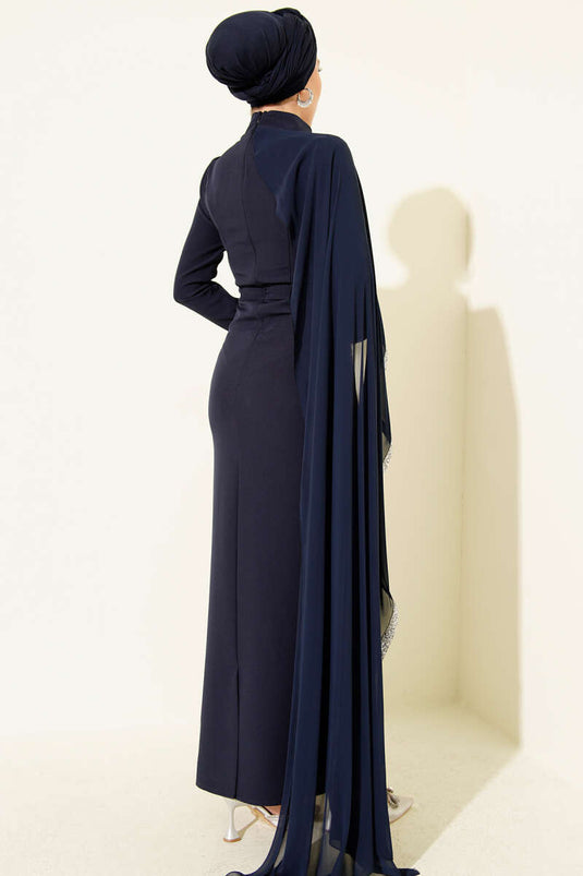 Taş Şeritli Tül Pelerinli Abiye Elbise Lacivert