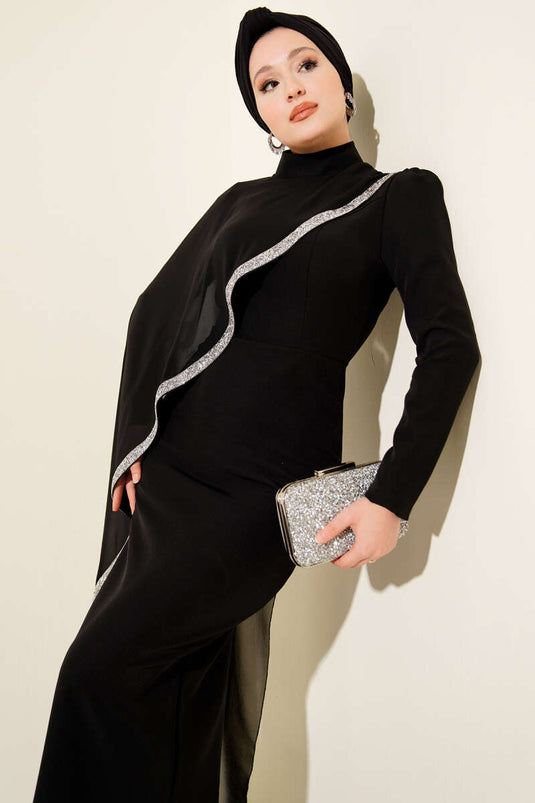 Taş Şeritli Tül Pelerinli Abiye Elbise Siyah