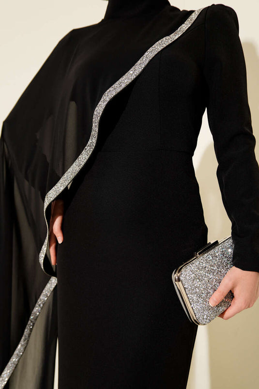 Taş Şeritli Tül Pelerinli Abiye Elbise Siyah