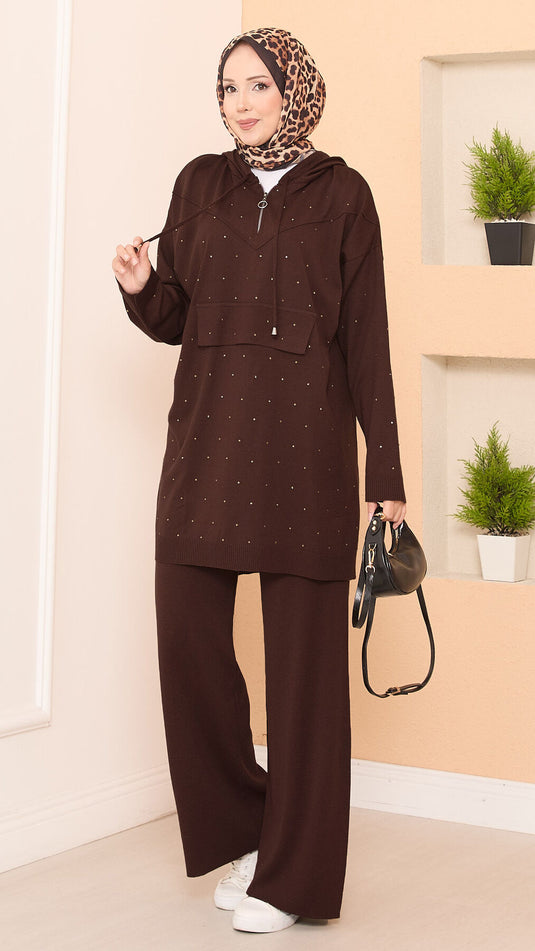 Conjunto de dos piezas de punto con capucha y estampado de piedras, color marrón