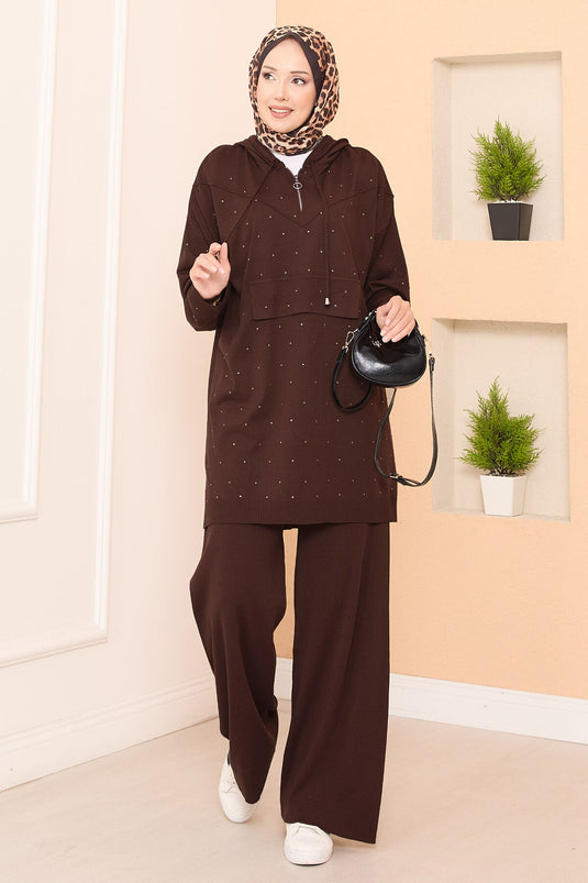 Conjunto de dos piezas de punto con capucha y estampado de piedras, color marrón