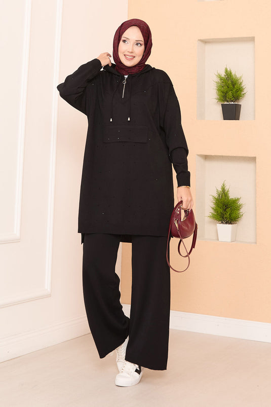 طقم ثنائي القطع من التريكو بغطاء الرأس مع زخرفة بالحجارة أسود