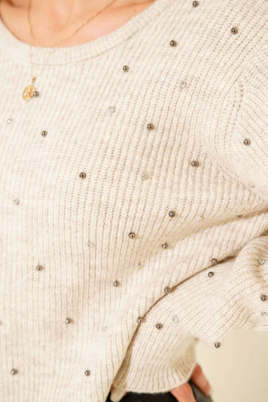 Taş Serpmeli Sırt Dekolteli Triko Kazak Bej