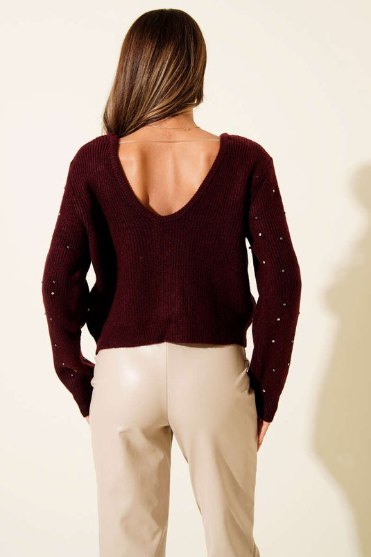 Taş Serpmeli Sırt Dekolteli Triko Kazak Bordo