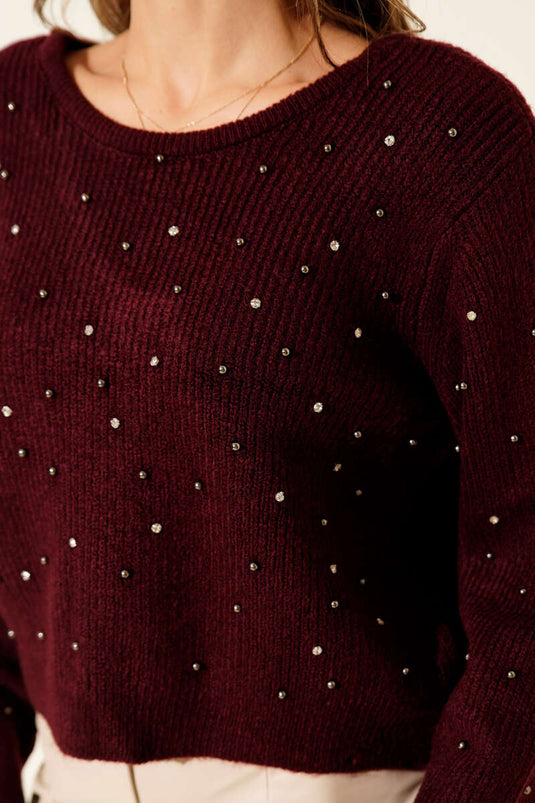 Taş Serpmeli Sırt Dekolteli Triko Kazak Bordo