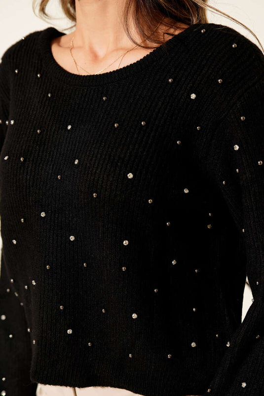 Taş Serpmeli Sırt Dekolteli Triko Kazak Siyah