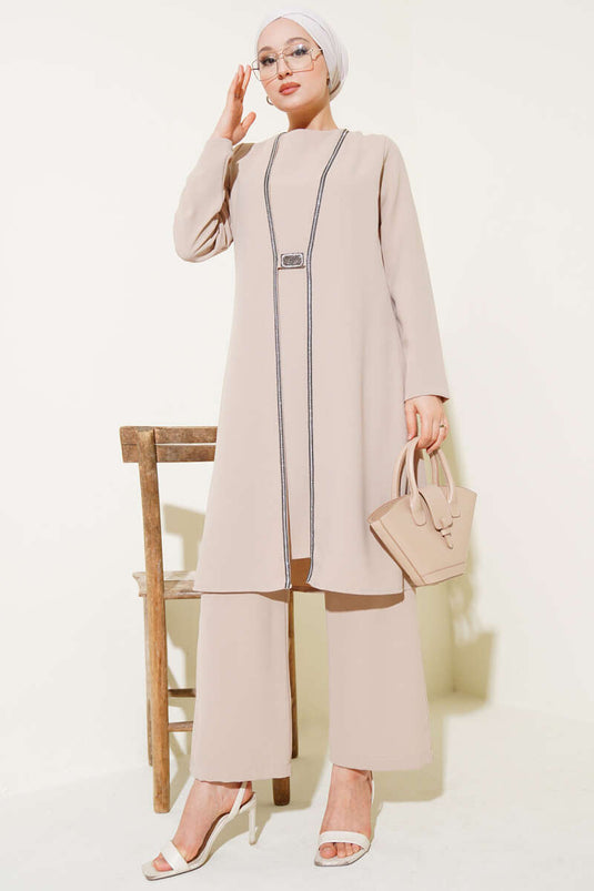 Taş Sıra Detaylı İkili Takım Bej