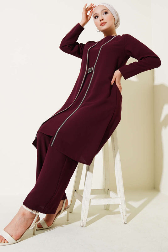 Stone Row Detailed Two Piece Suit Burgundy