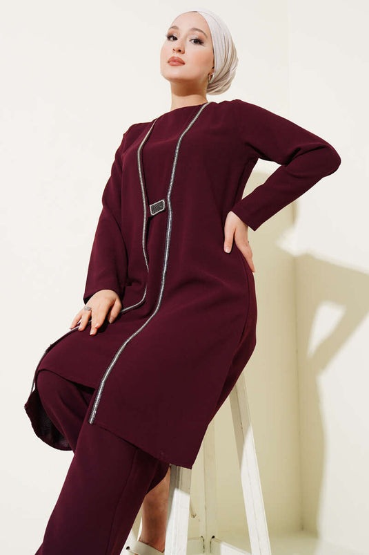 Stone Row Detailed Two Piece Suit Burgundy