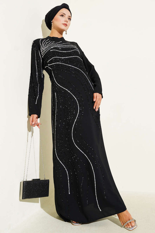 Taş Süs Detaylı Abiye Elbise Siyah