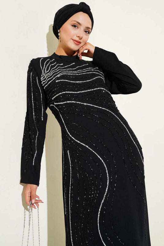 Taş Süs Detaylı Abiye Elbise Siyah