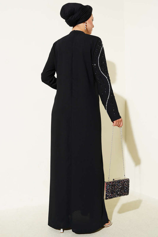 Taş Süs Detaylı Abiye Elbise Siyah