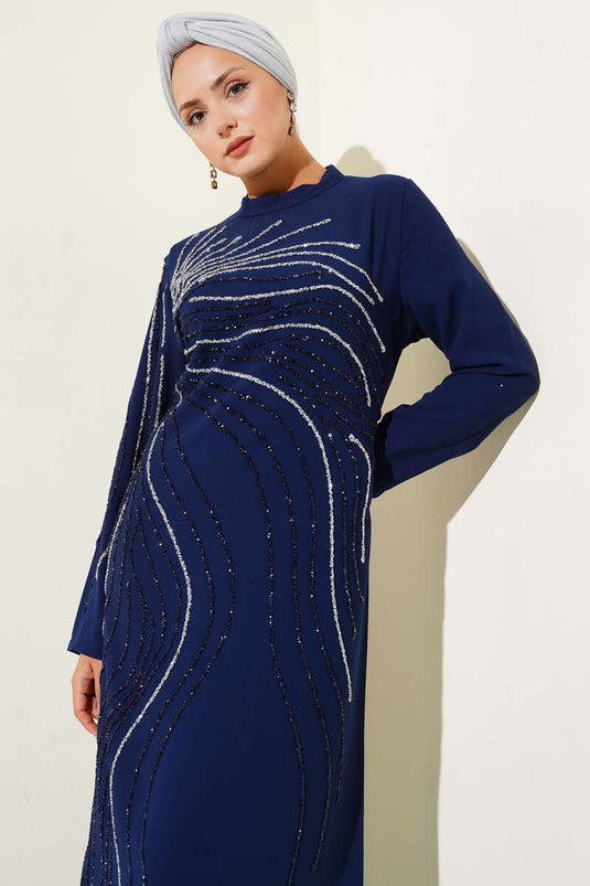 Evening Dress with Stone Decoration Details Navy Blue