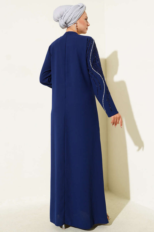 Evening Dress with Stone Decoration Details Navy Blue