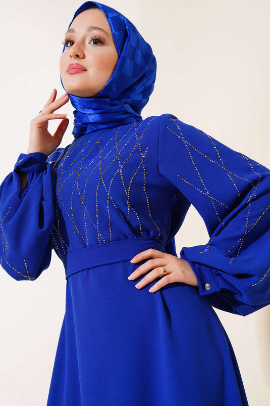 Taş Süslemeli Elbise Saks