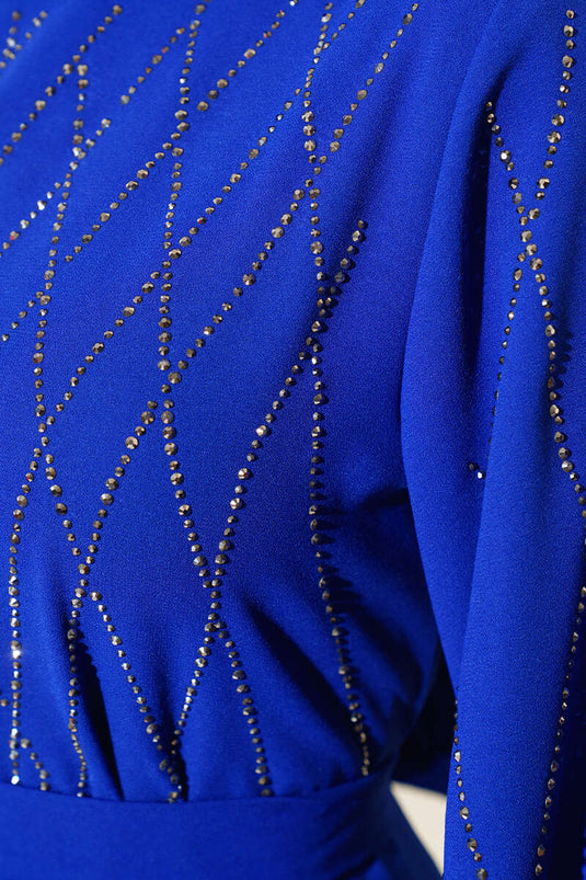 Taş Süslemeli Elbise Saks